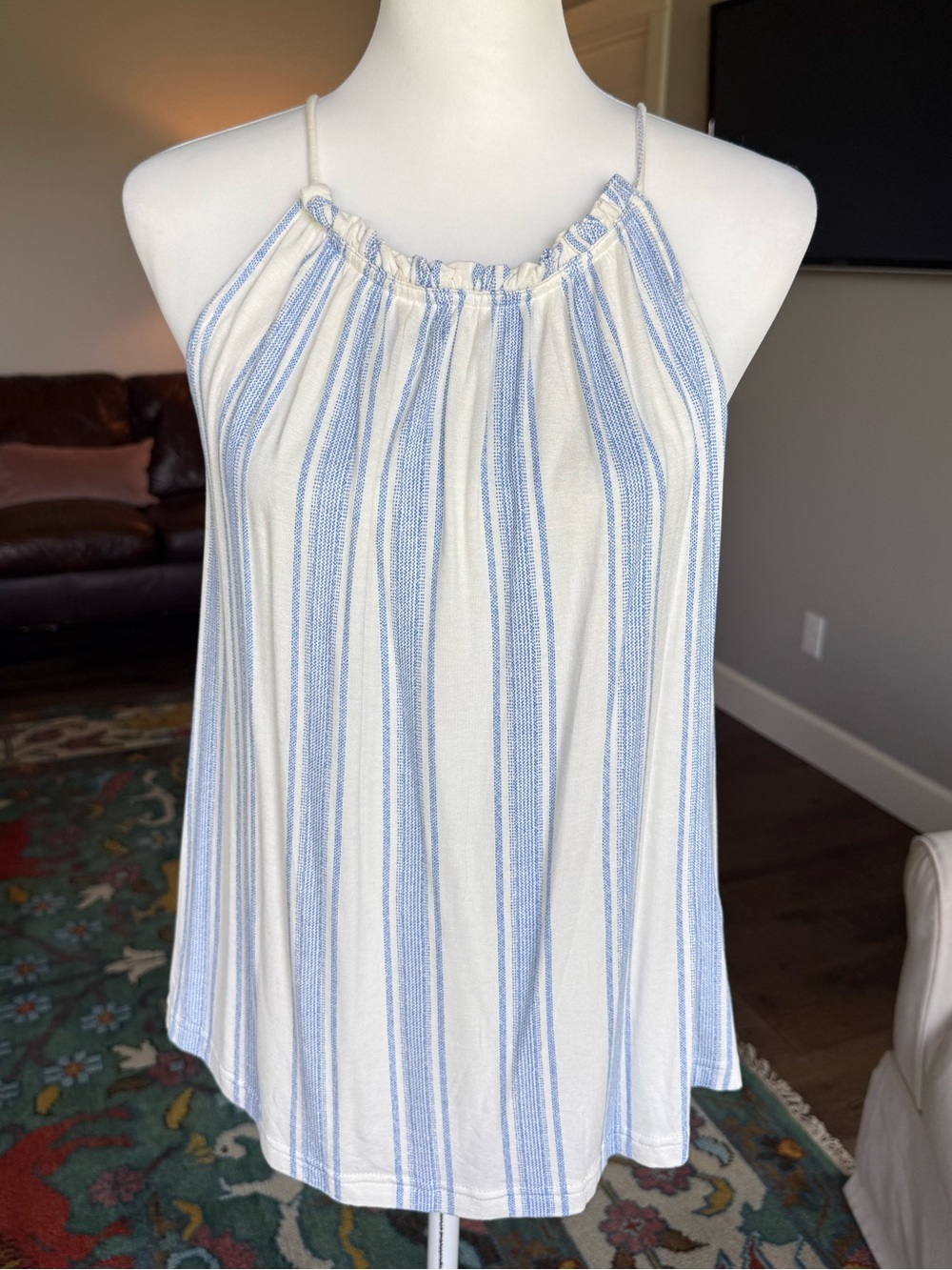 Skies are Blue Striped Blue and White Halter Swing Tank Top XS